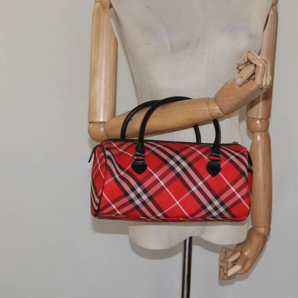 BURBERRY Nova Check Blue Label Hand Bag Nylon Leather Red Black gold Auth EC765 - Picture 15 of 16